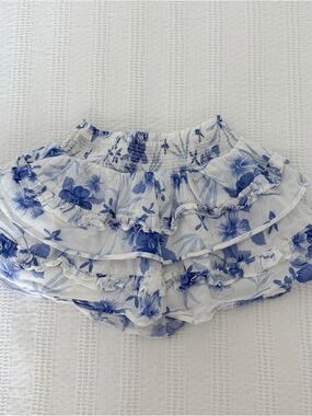 LoveShackFancy White and Blue Floral Ruffle Skirt
